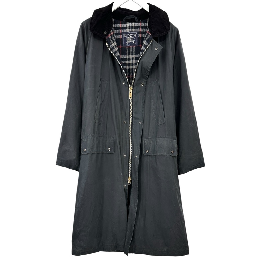 Vintage Burberry Washed Black Black Waxed Cotton Contrast Collar Trench Coat - Picture 1 of 15